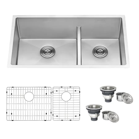 Ruvati 33" Undermnt Tight Radius 60/40 Dbl Bowl 16 Gauge SS Kitchen Sink RVH7419
